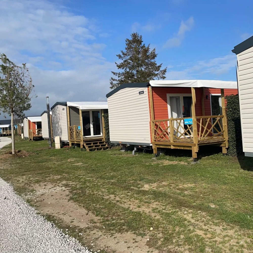 Mobil-homes alignés sur un terrain herbeux.