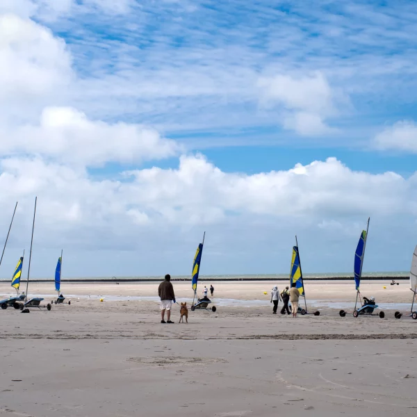 Chars à voile sur une plage.