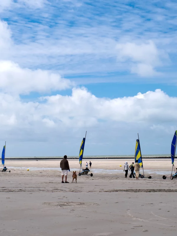 Chars à voile sur une plage.