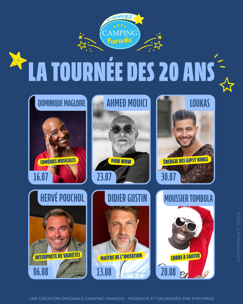 Affiche tournée 20 ans Camping Paradis artistes et dates